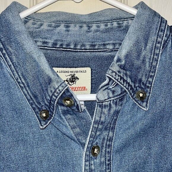 VTG Winchester Denim Button Down Shirt Men’s Sz XL Blue Collared Long Sleeve - Picture 2 of 16